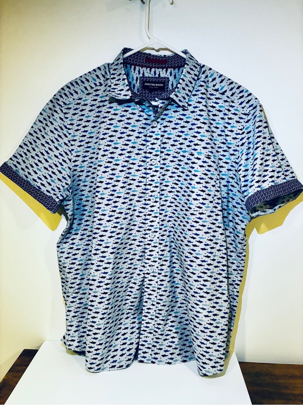 Johnston & Murphy Light Blue Short-Sleeve Button-Down with Navy Shark Print